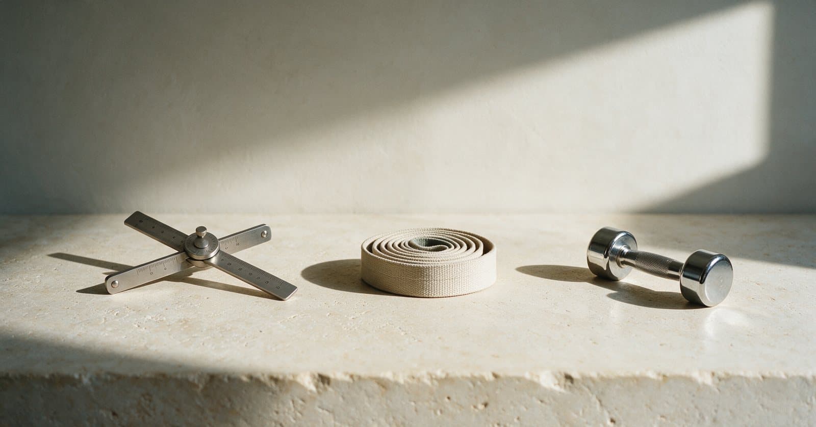 Still life in daylight: a steel goniometer, a rolled cotton exercise strap and a small chrome dumbbell set apart from one another on a pale stone ledge.
