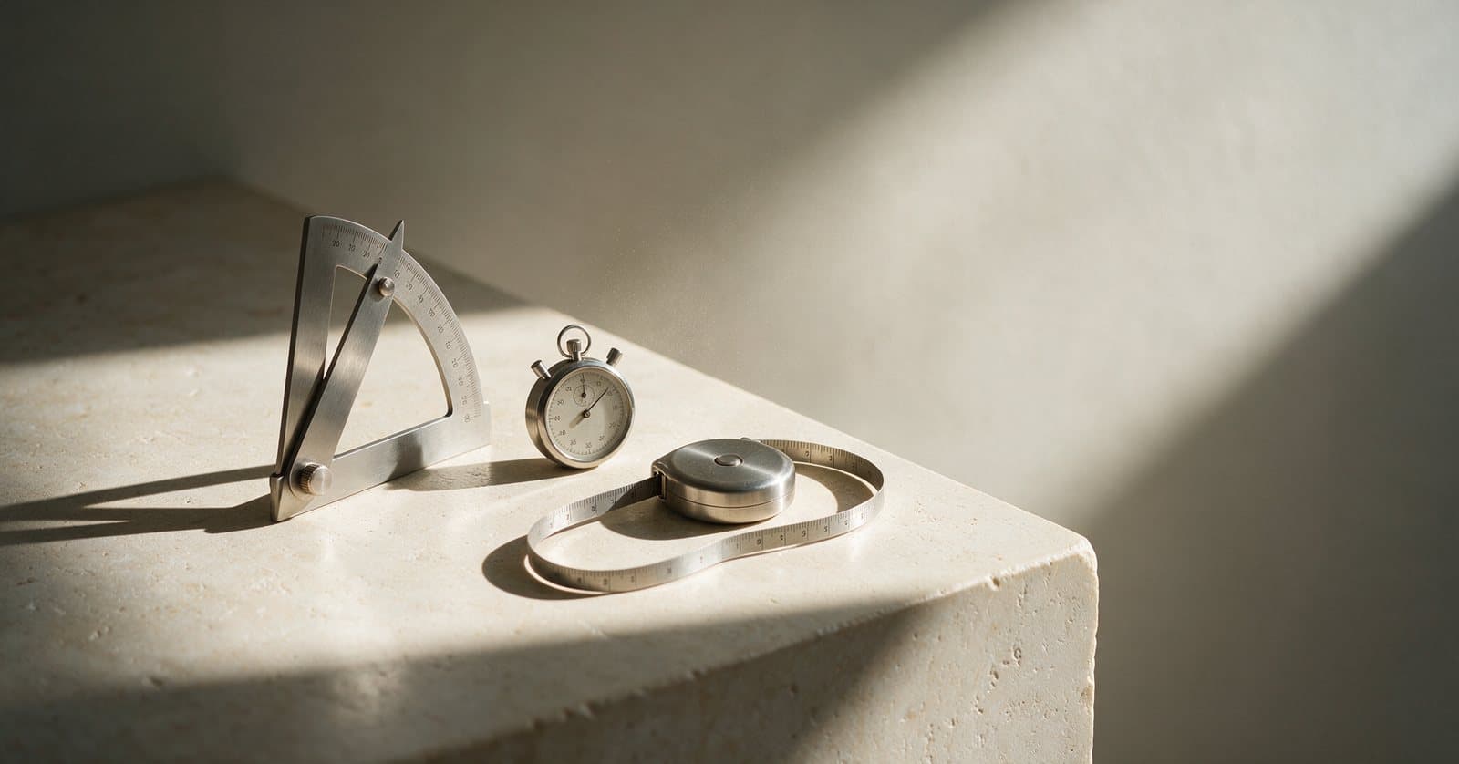 Still life in daylight: a steel goniometer standing open, a mechanical stopwatch and a steel tape measure uncoiled into a loop on a pale stone ledge.